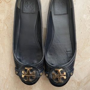 Tory Burch Ballet Flat Navy Gold Logo Snakeskin Women Size 7.5